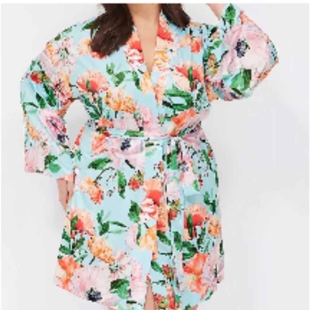 Lane Bryant Cacique New Printed Microfiber Robe Floral Turquoise 26/28 4X